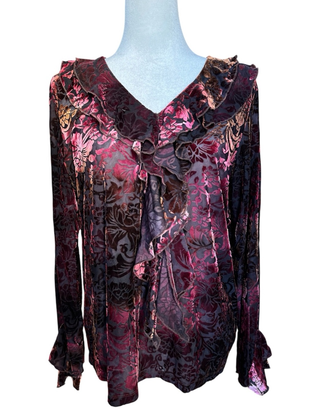 Susan Lawrence Whimsigoth Ruffled Floral Velvet Burgundy Blouse